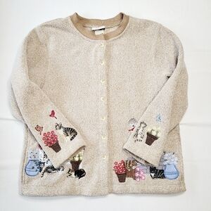 BonWorth Women's Large Petite Tan Beige Cat Embroidered Cardigan Sweater Vintage